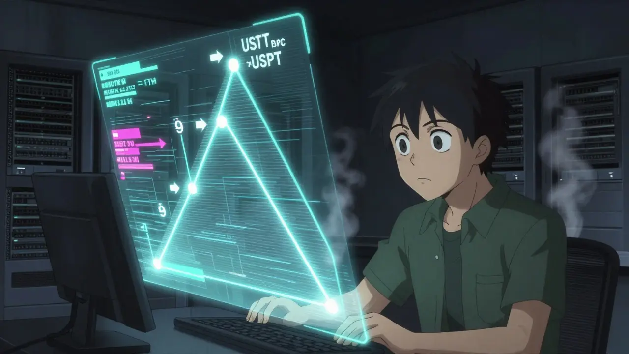 A trader monitoring a triangular arbitrage path with real-time price ratios and ticking milliseconds.