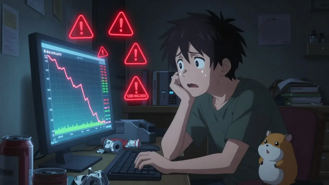 A trader stares in shock at a crashing RINO price chart, surrounded by empty cans and a hamster plush.