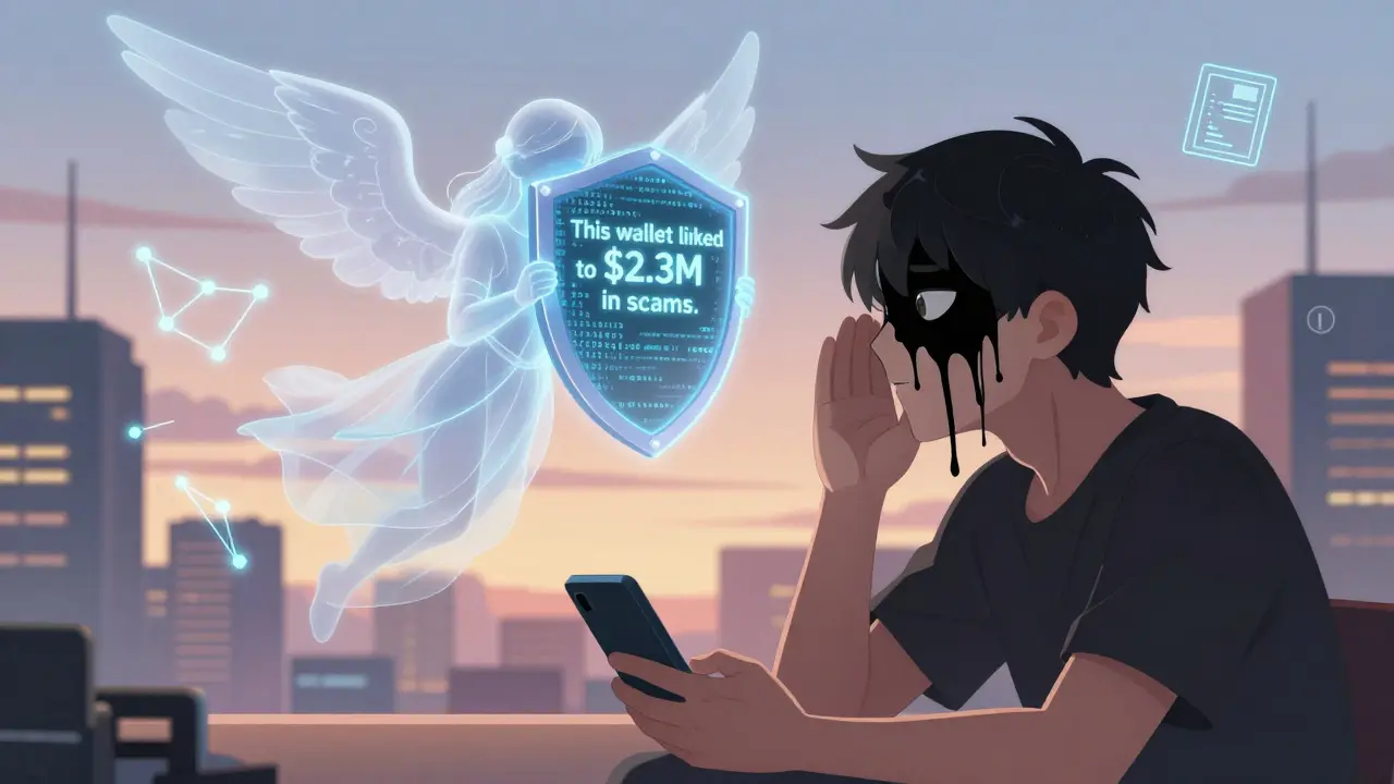 A user about to send crypto while an AI guardian blocks a scam transaction with a warning.