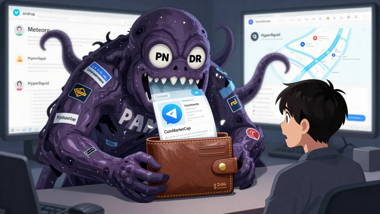 A wallet being drained by a monstrous entity made of phishing banners and fake CoinMarketCap logos.