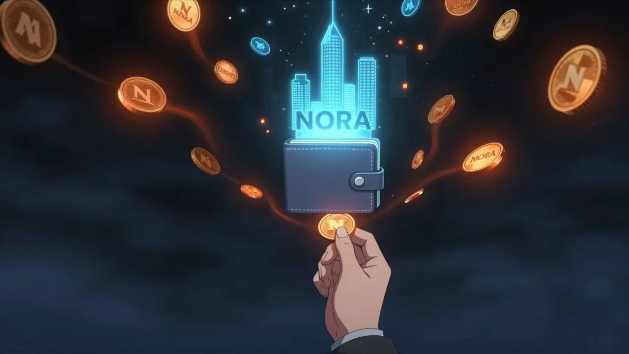 A wallet hovers in void, NORA tokens split between those that fade away and those rising toward a digital city shaped like a ballot.