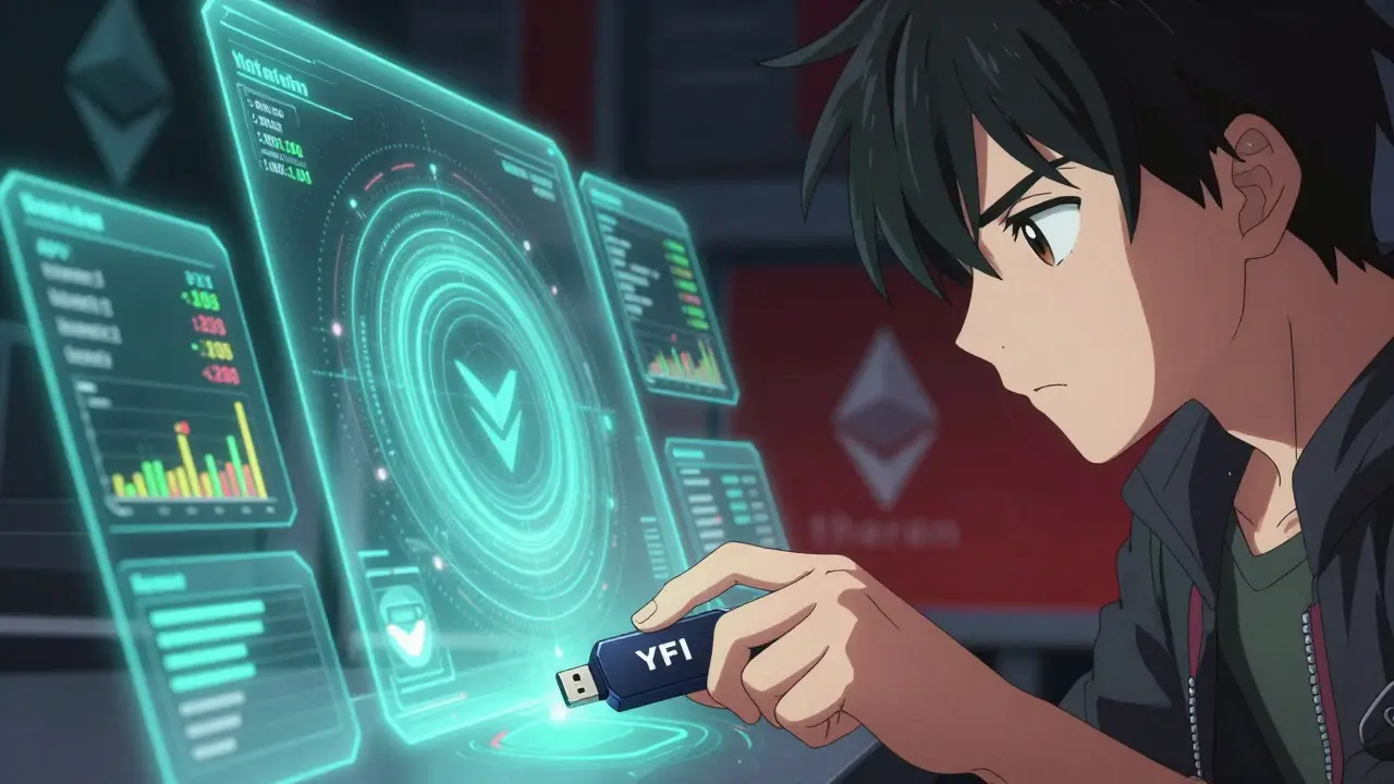 A young user interacting with a holographic Yearn.finance dashboard showing APY charts and vault balances.