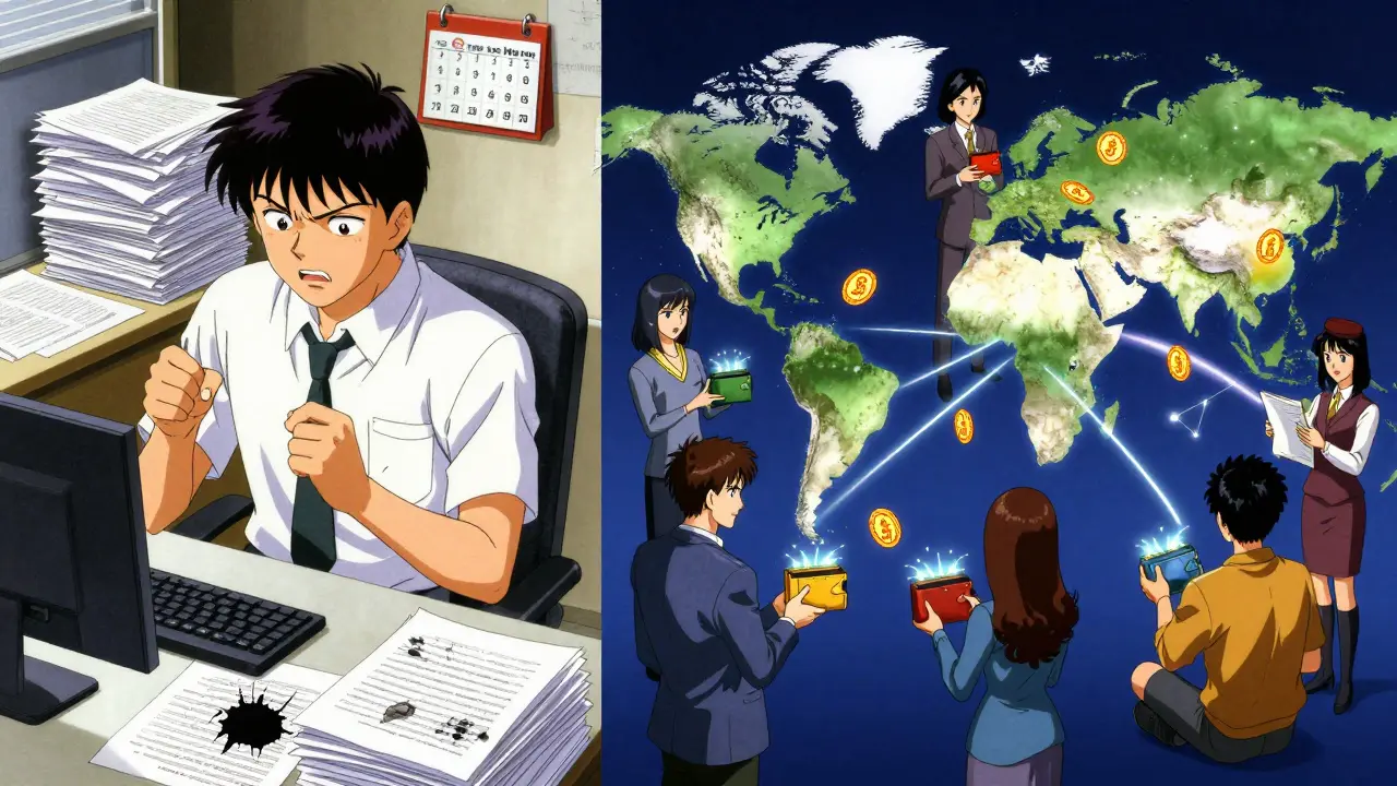 Contrasting scenes of slow, paper-based real estate sales versus instant global token trading across time zones.