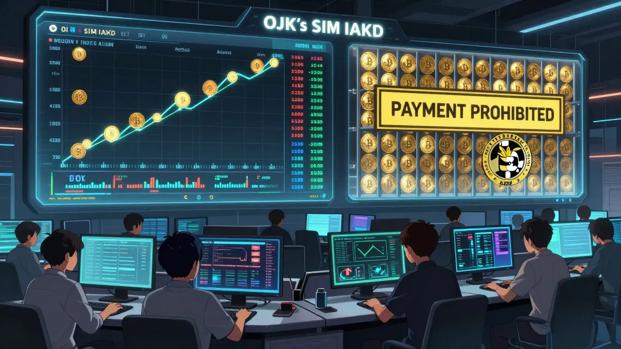 Crypto traders in Jakarta monitor digital assets under OJK's real-time monitoring system, with payment blocked behind bars.