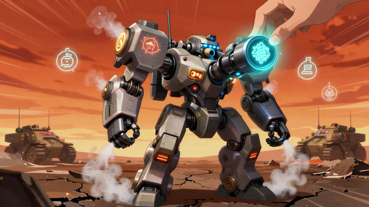 Custom Age of Tanks mech with glowing modular parts standing on a wasteland under a blood-orange sky.