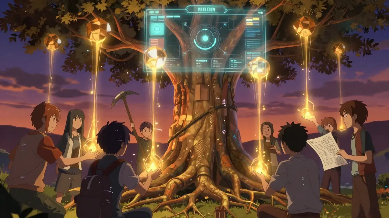 Diverse avatars gather around a blockchain tree, releasing NORA energy as holographic voting interfaces appear above them.