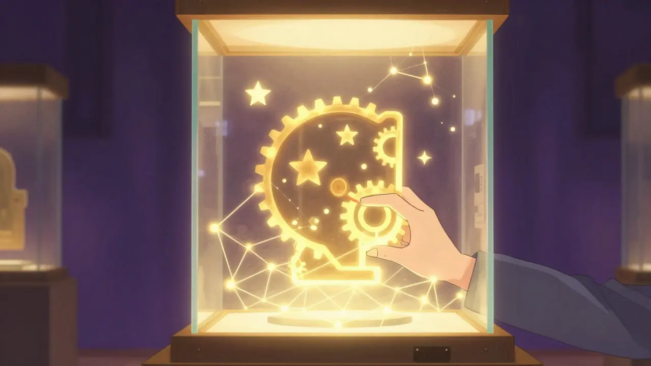 Museum exhibit of glowing permanent NFT artifact under glass