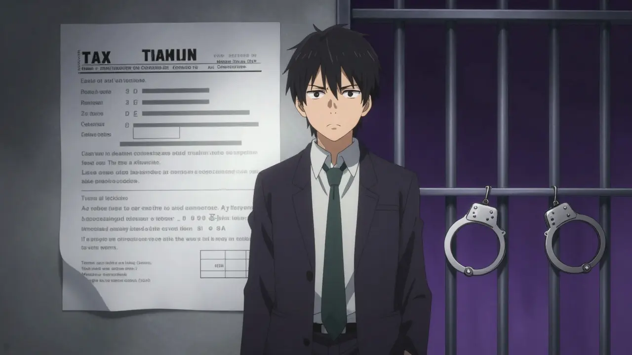 Person with tax document and handcuffs between tax office and prison