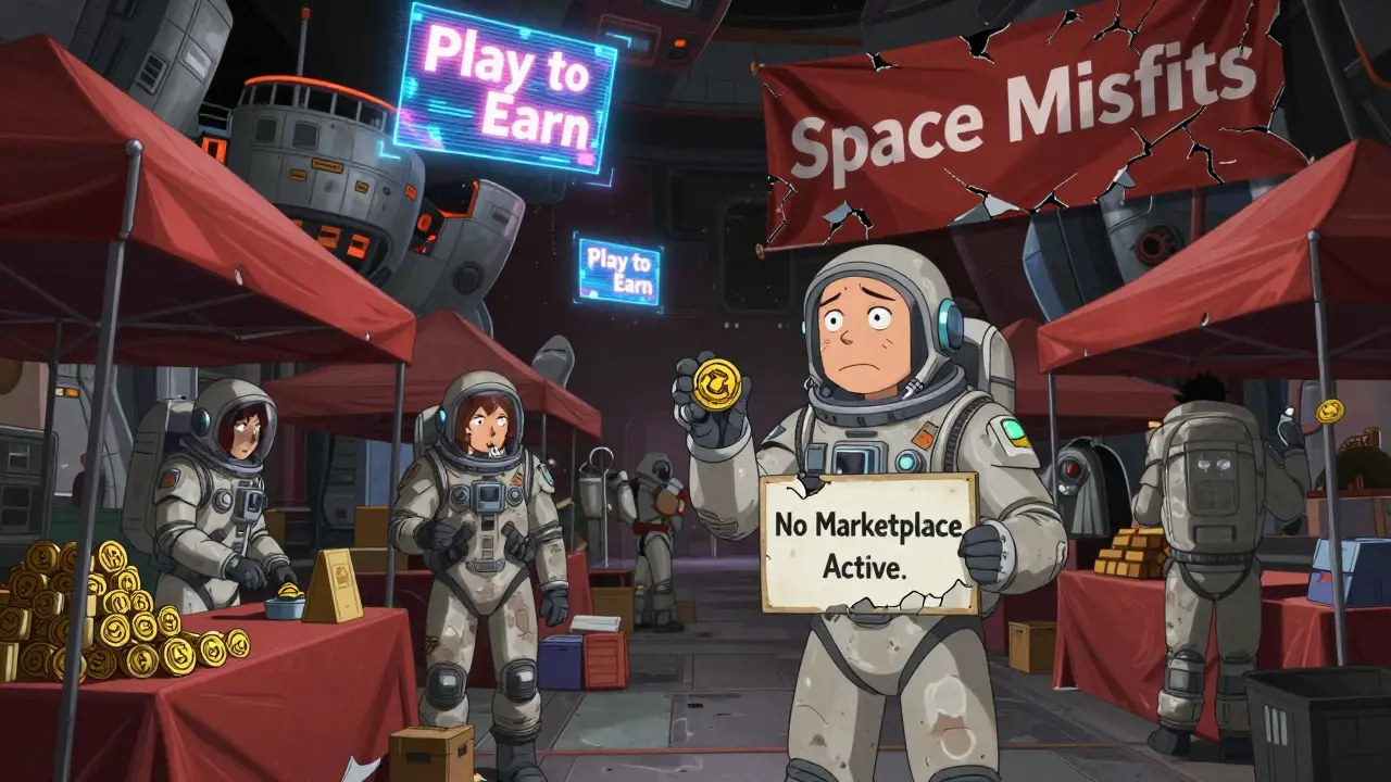 Players at a deserted space market try to trade tokens at empty stalls with flickering ads above.