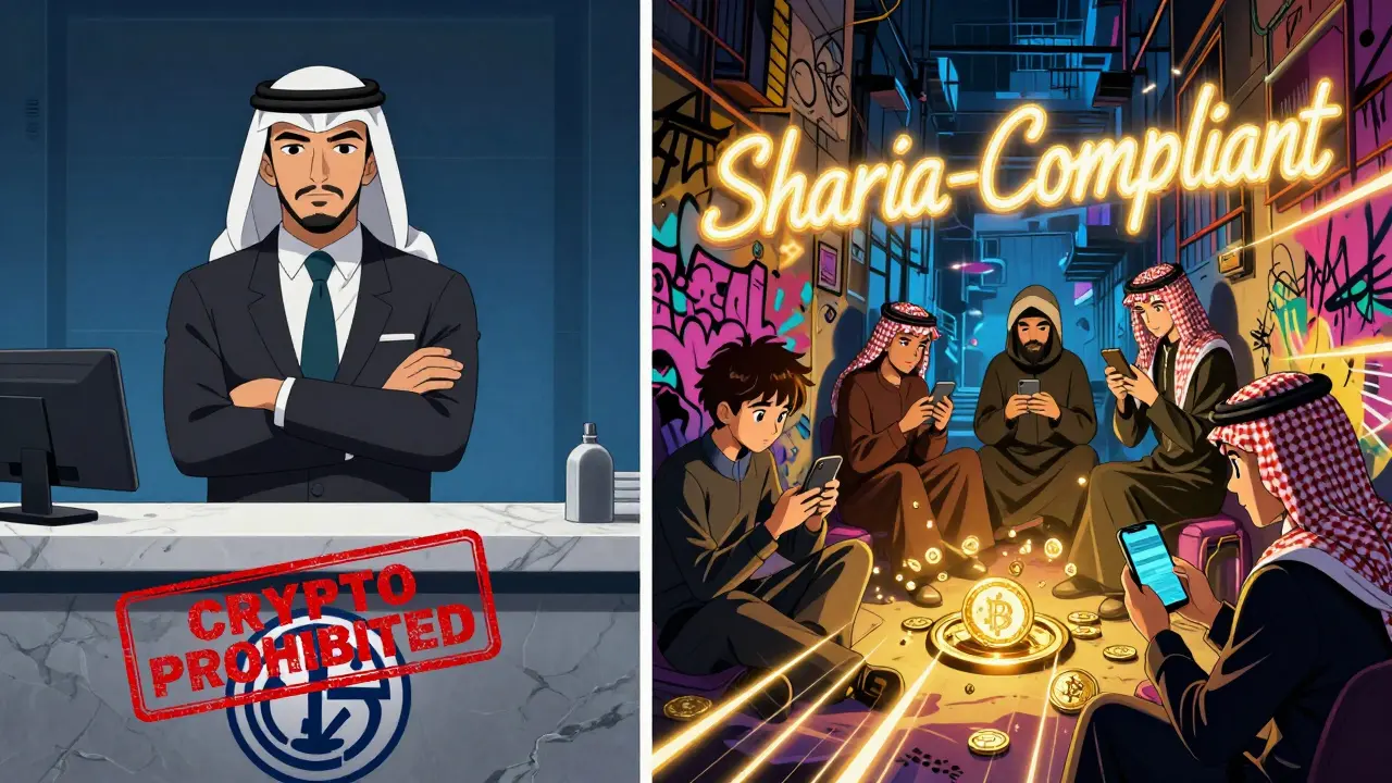 Split scene: a banker blocking crypto on one side, youth trading peer-to-peer on the other in a neon-lit alley.