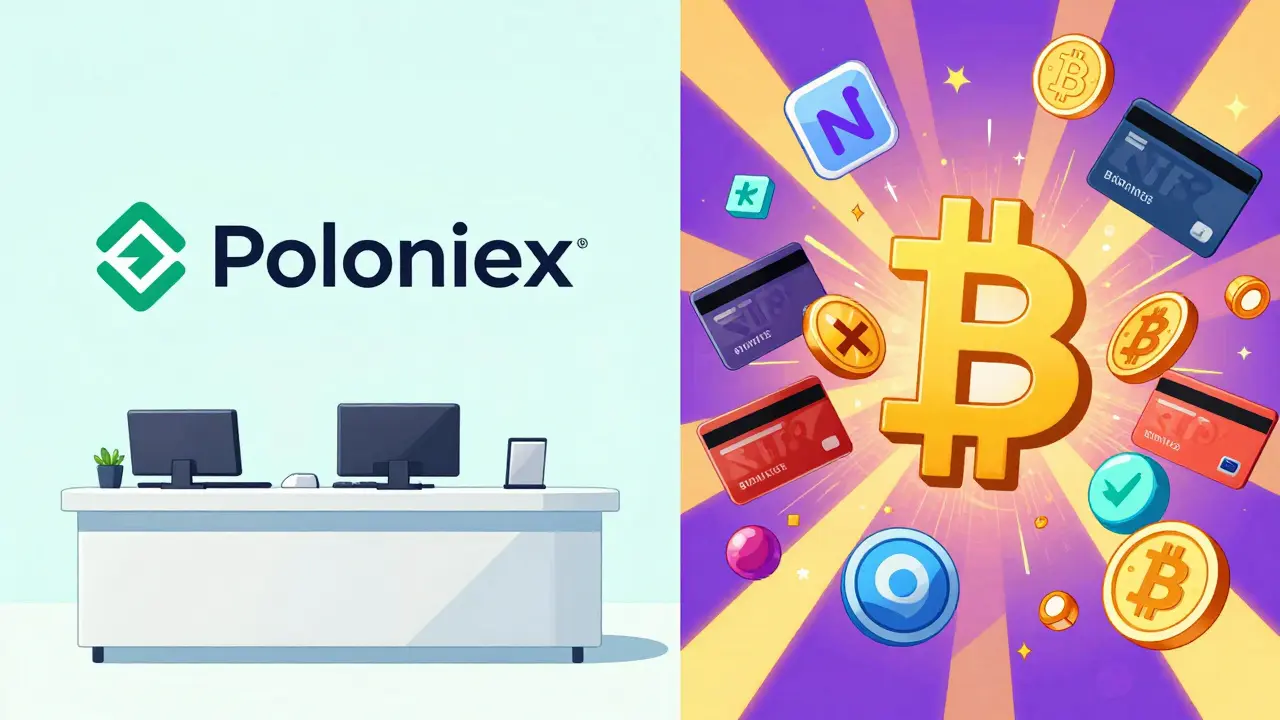 Split scene: one side shows calm trading simplicity, the other bursts with chaotic crypto features of competing platforms.