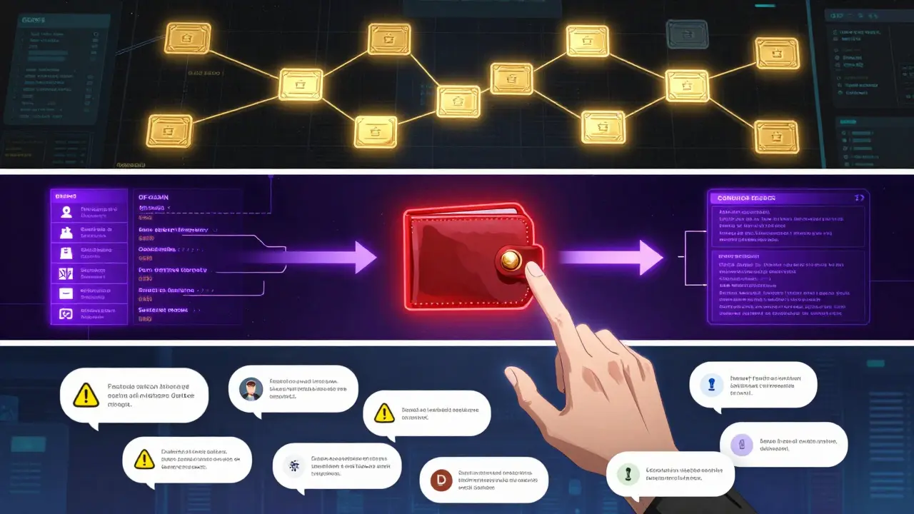 Three-layered fraud detection system visualizing on-chain, off-chain, and community data converging on a high-risk wallet.