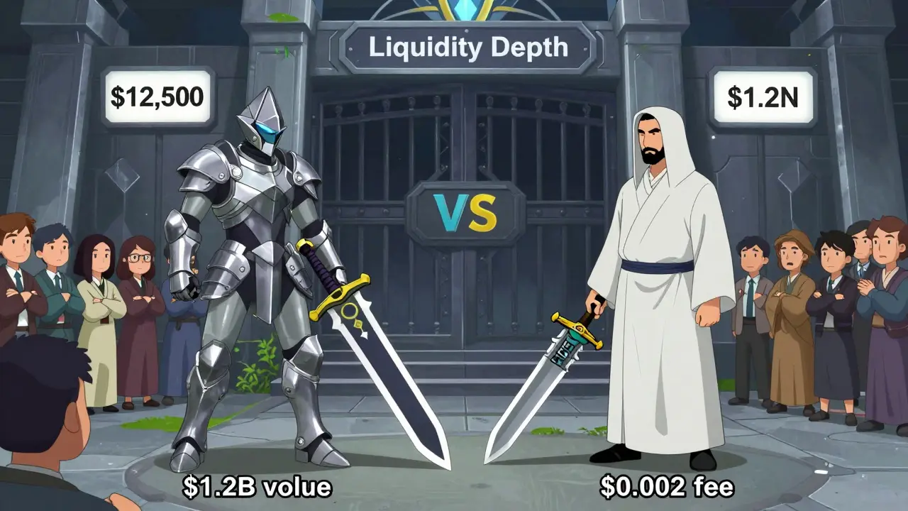Two DeFi warriors clash — one with massive Uniswap sword, the other with tiny EBEN dagger — before a gate marked by liquidity differences, watched by a community.