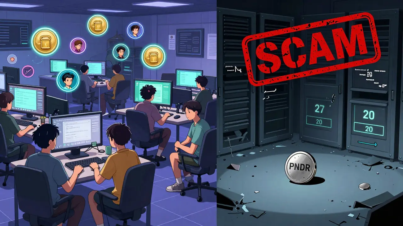 Vibrant active testnet community on one side, and an abandoned server room with a lone PNDR token rolling on the floor.