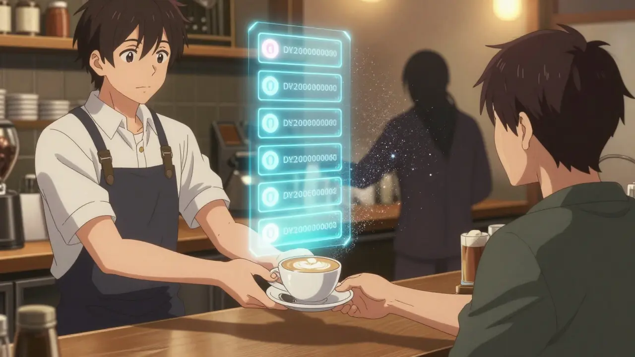 A coffee shop transaction confirmed by six blockchain blocks, while a failed double-spend fades away.