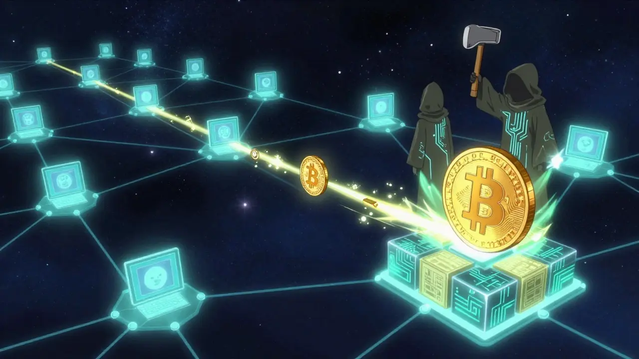 A cosmic blockchain network with miners sealing blocks, glowing nodes connected across space.