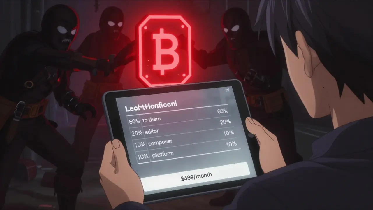 A creator views a transparent blockchain record of film royalties while shadowy pirates try to copy it, with a subscription price displayed in the foreground.