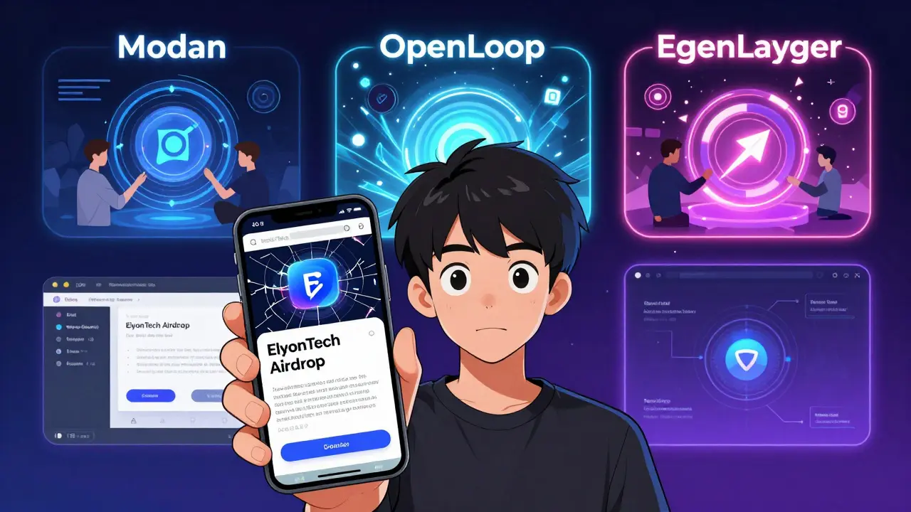 A crypto user holds a fake ETCH claim page while vibrant real projects glow behind them.