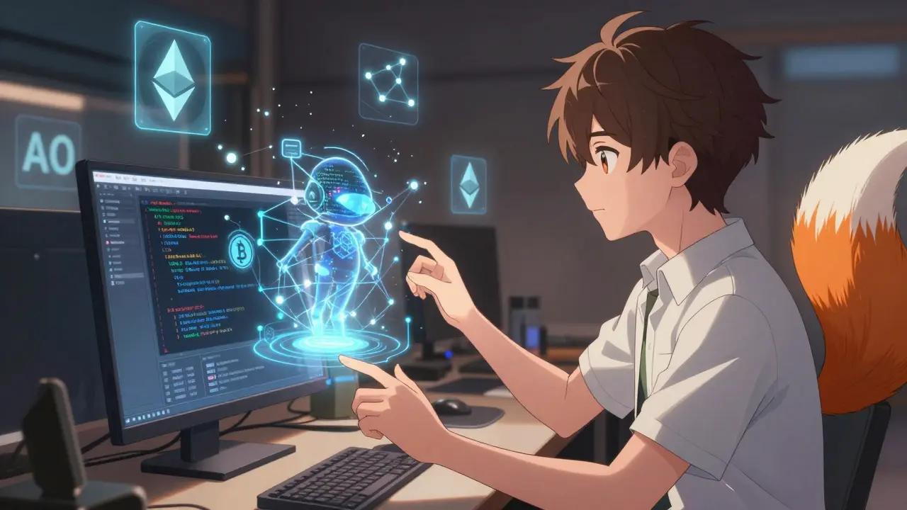 A developer deploying a script that transforms into a code-based AI agent within a blockchain interface.