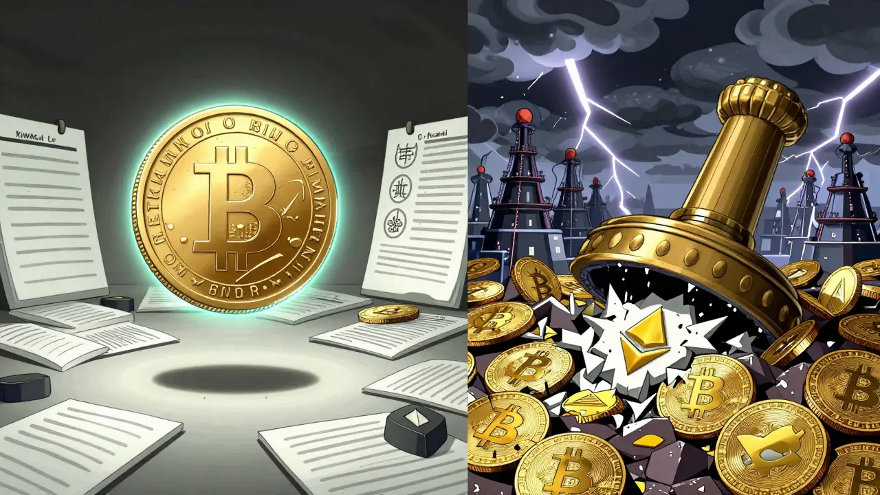 A digital dinar coin floats beside shattered crypto logos, crushed under a government seal in a symbolic battle of control.