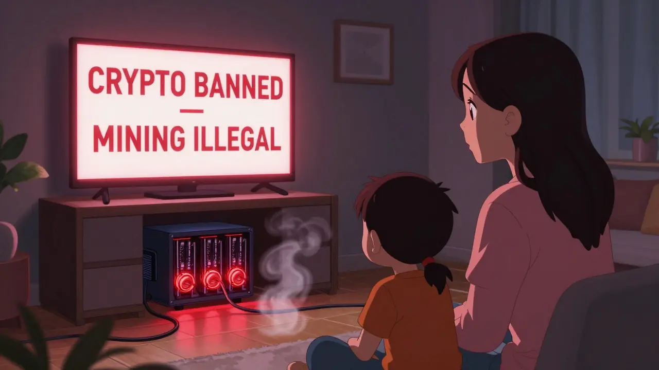 A family watches news of Kuwait's crypto ban while a hidden mining rig overheats in their basement.
