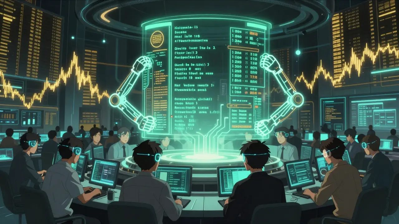 A futuristic AI calculates liquidation thresholds with glowing formulas above a 2026 trading floor filled with neural-interface users.