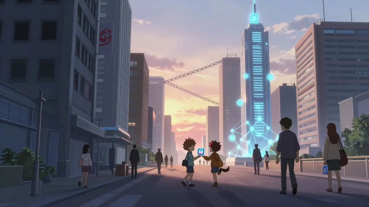 A futuristic city with corporate towers on one side and decentralized dApp towers on the other, citizens exchanging digital assets.