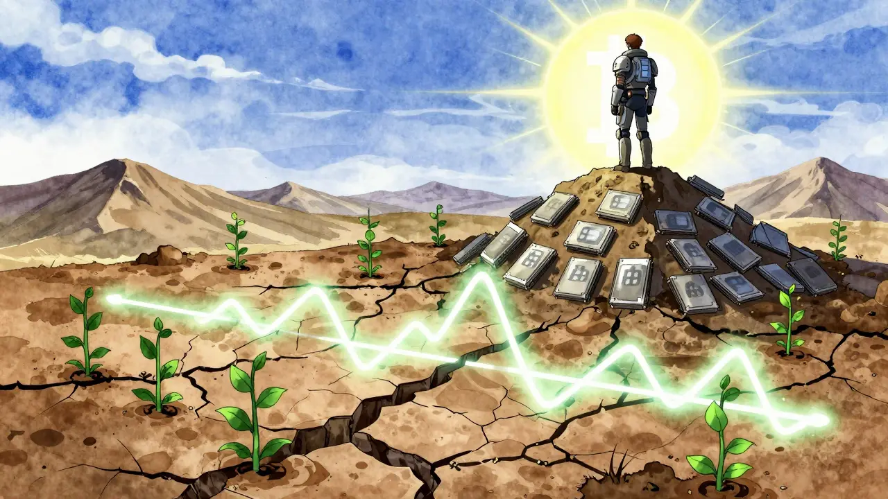 A futuristic miner stands atop discarded hardware as renewable energy rebuilds Bitcoin’s network.
