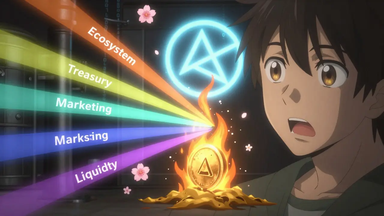 A glowing token vault splits into six allocation streams, with one burning into ash as cherry blossoms of code fall around it.