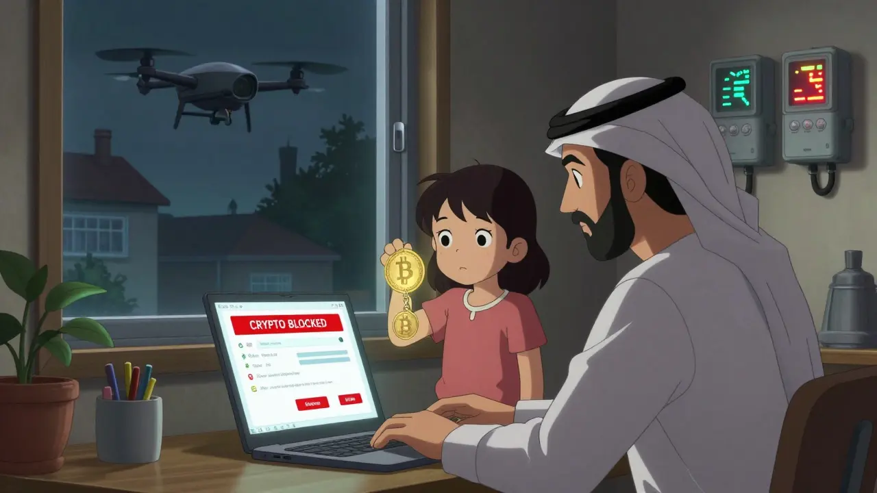 A Kuwaiti family facing a frozen bank transaction warning, with a glowing Bitcoin keychain and a surveillance drone outside.