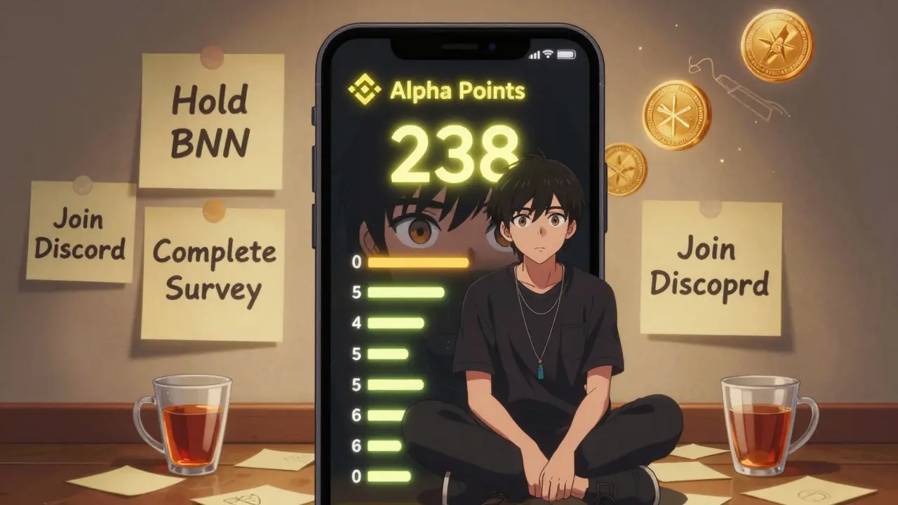 A person watches Alpha Points rise on a Binance screen, surrounded by task reminders.