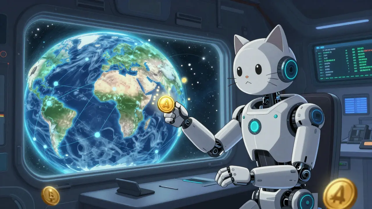 A robotic cat AI trading bot analyzing crypto data and sending AO tokens in space.