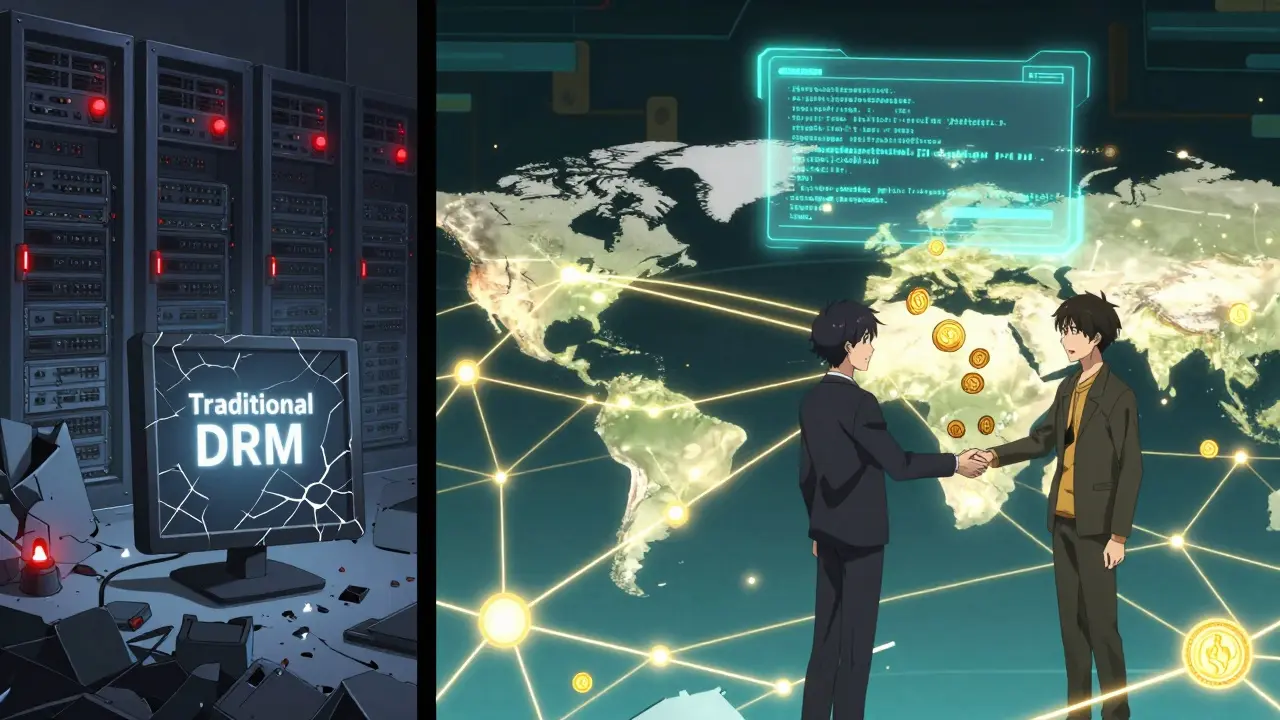 A split scene: one side shows a failing server, the other a global network of glowing nodes with digital royalties transferring between creators.
