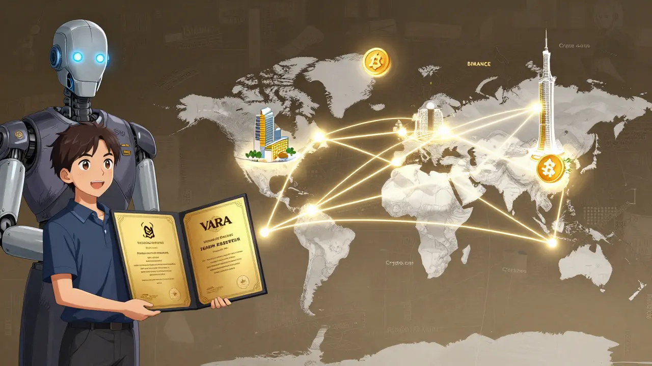 A startup founder receiving a VARA license as global crypto companies connect via glowing lines.