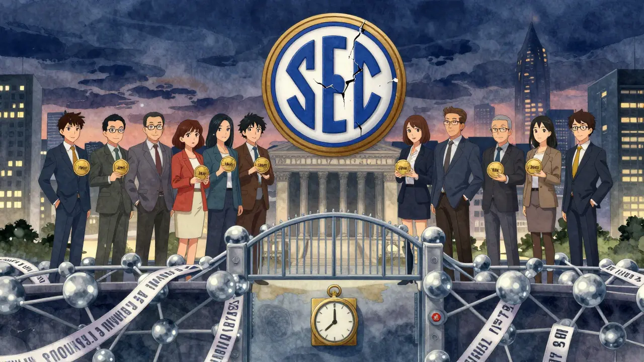 A symbolic bridge of blockchain and stock tape connecting a locked U.S. exchange to international investors, under a fading SEC seal.