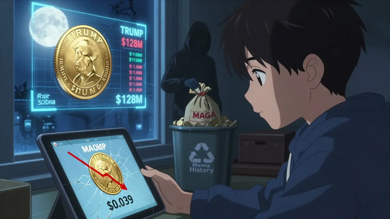 A teen stares at a crashing crypto chart as a hologram of the official Trump coin shines outside his window, representing the shift from meme to legitimacy.