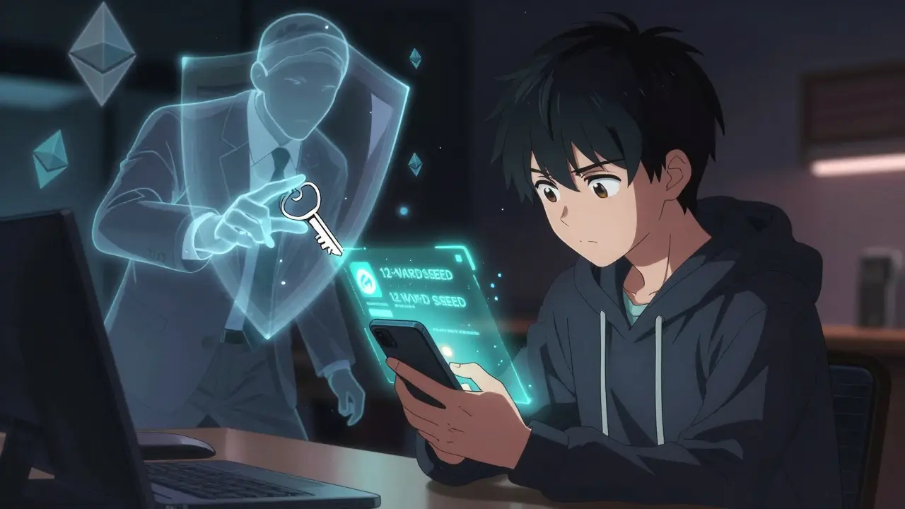 A teenager signing a dApp transaction while a corporate figure tries to steal their data, blocked by cryptographic keys.