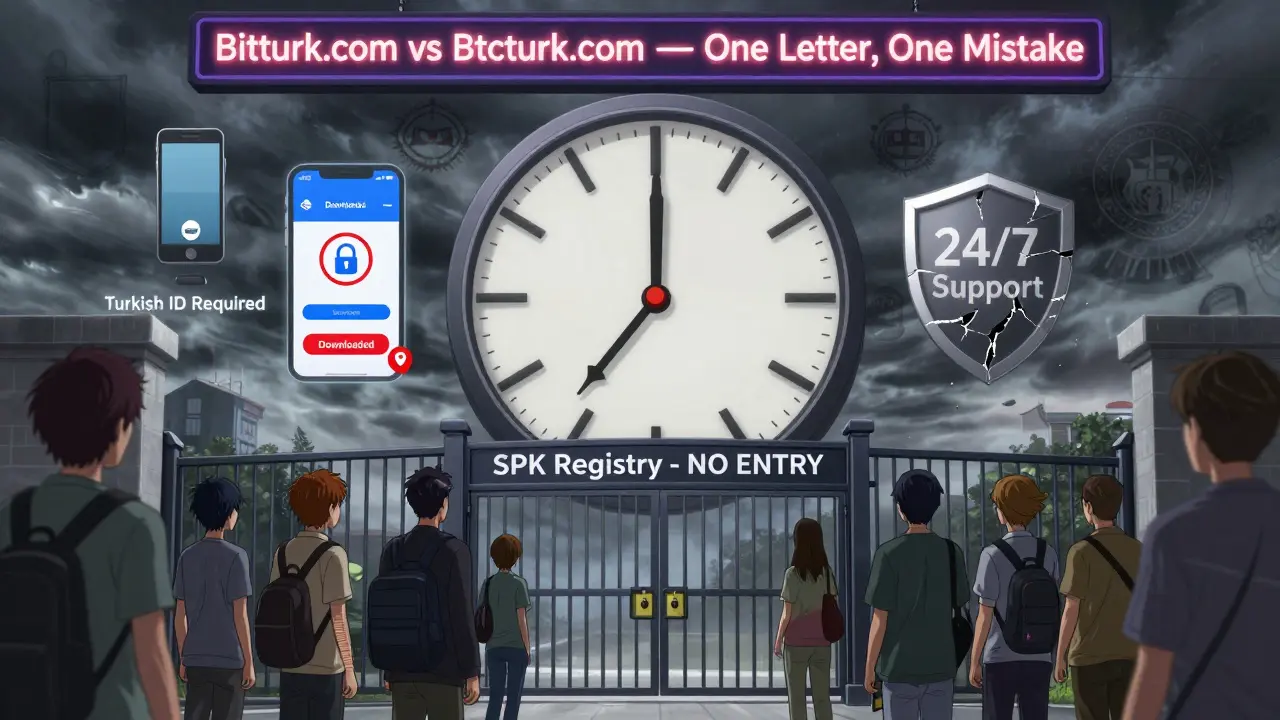 A ticking clock with 'Bitturk.com' app icons and a locked gate labeled 'SPK Registry - NO ENTRY' as users are turned away.