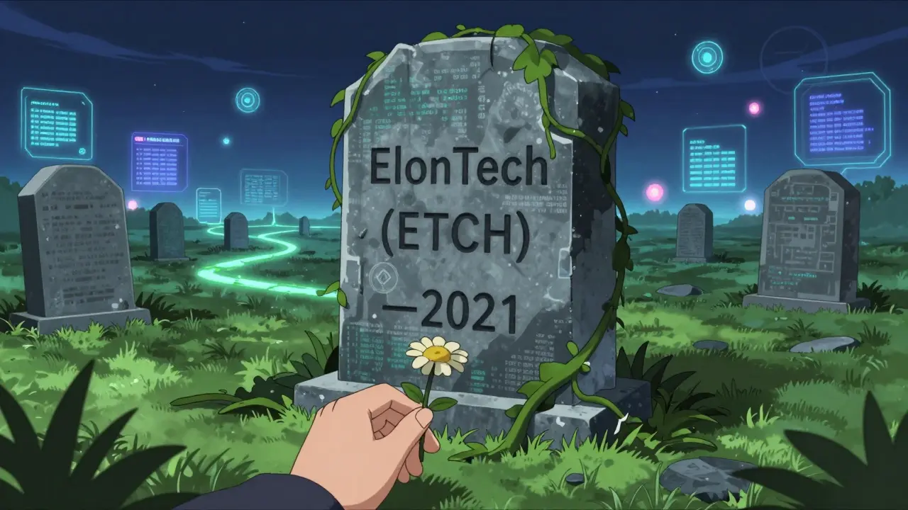 A tombstone for ElonTech is buried among abandoned crypto projects, with a flower placed on it.