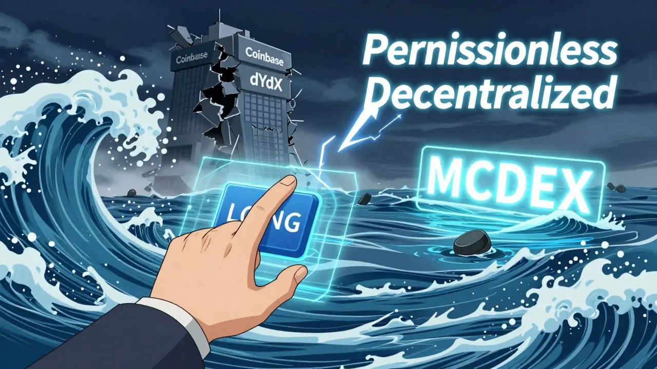 A trader initiates a long position as USDC waves overwhelm a short position, with MCDEX rising above fading centralized exchanges.