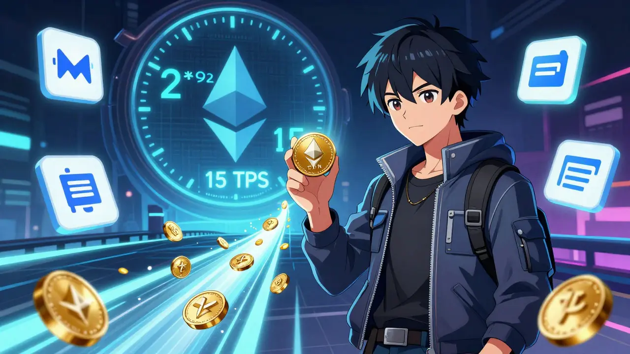 A traveler activating a bridge that converts TON into wTON, surrounded by DeFi icons and transaction streams.