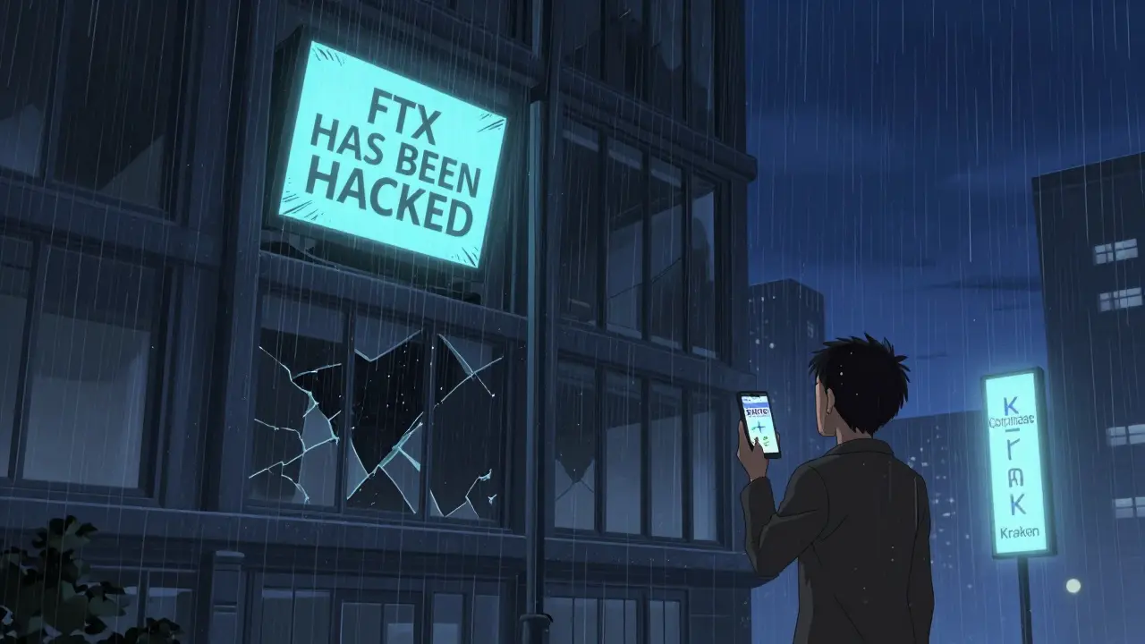 Abandoned FTX building with a customer staring at lost savings under rain