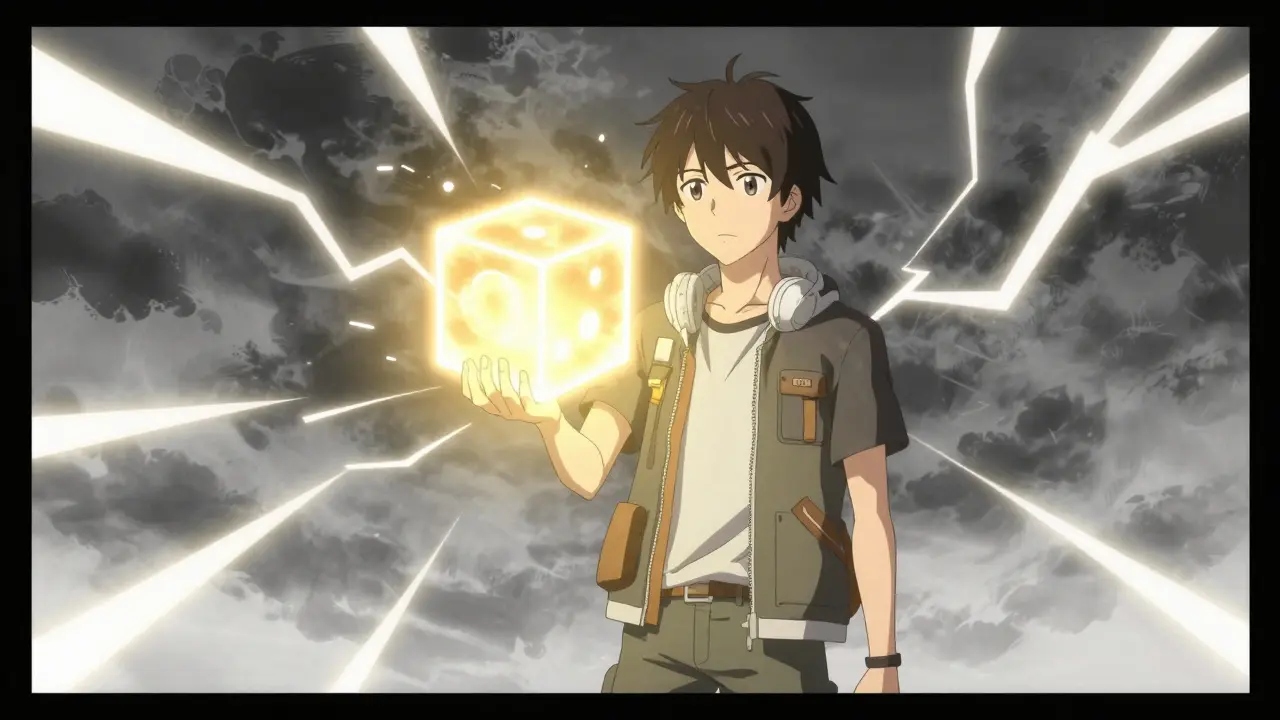 Character holding a glowing device shielded from stormy background.