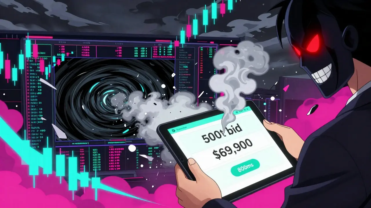 Close-up of a trader's hand as a fake 500 BTC bid vanishes, revealing a grinning bot and shattered depth chart in anime style.