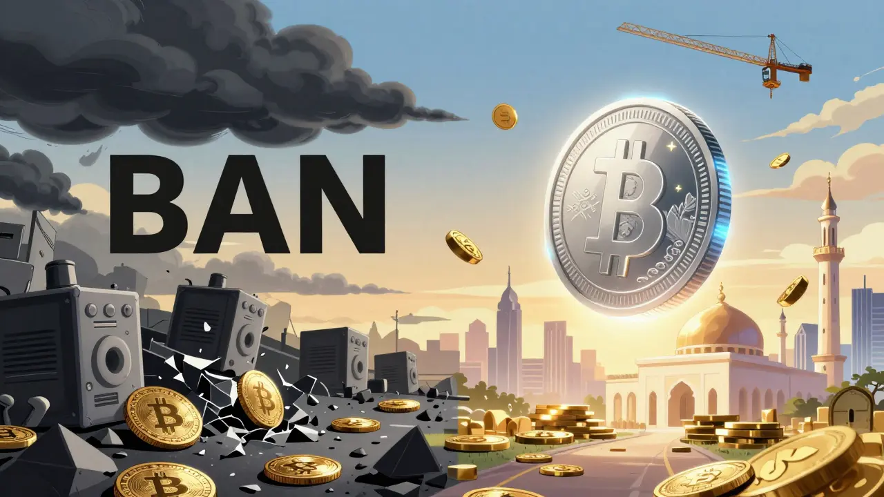 Contrast of destroyed crypto gear versus a glowing digital dinar coin rising above Kuwait’s skyline with Sukuk symbols.