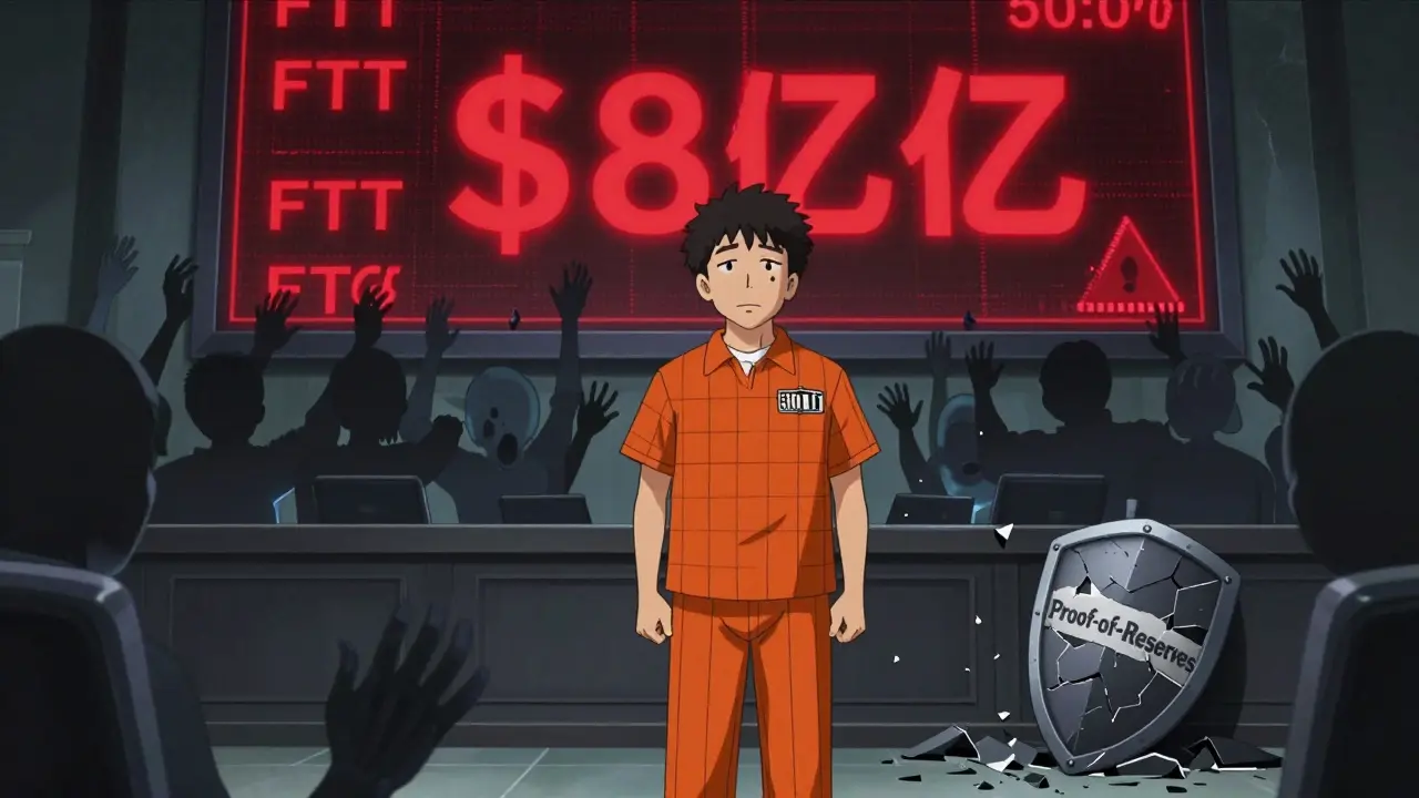 Courtroom scene with collapsed FTT tokens and desperate users reaching out