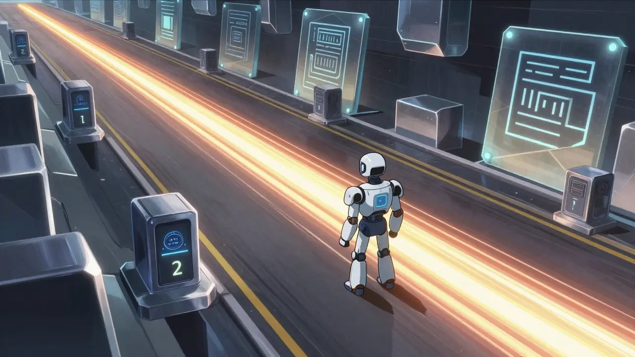 Data streams flowing through secure checkpoints guarded by robot