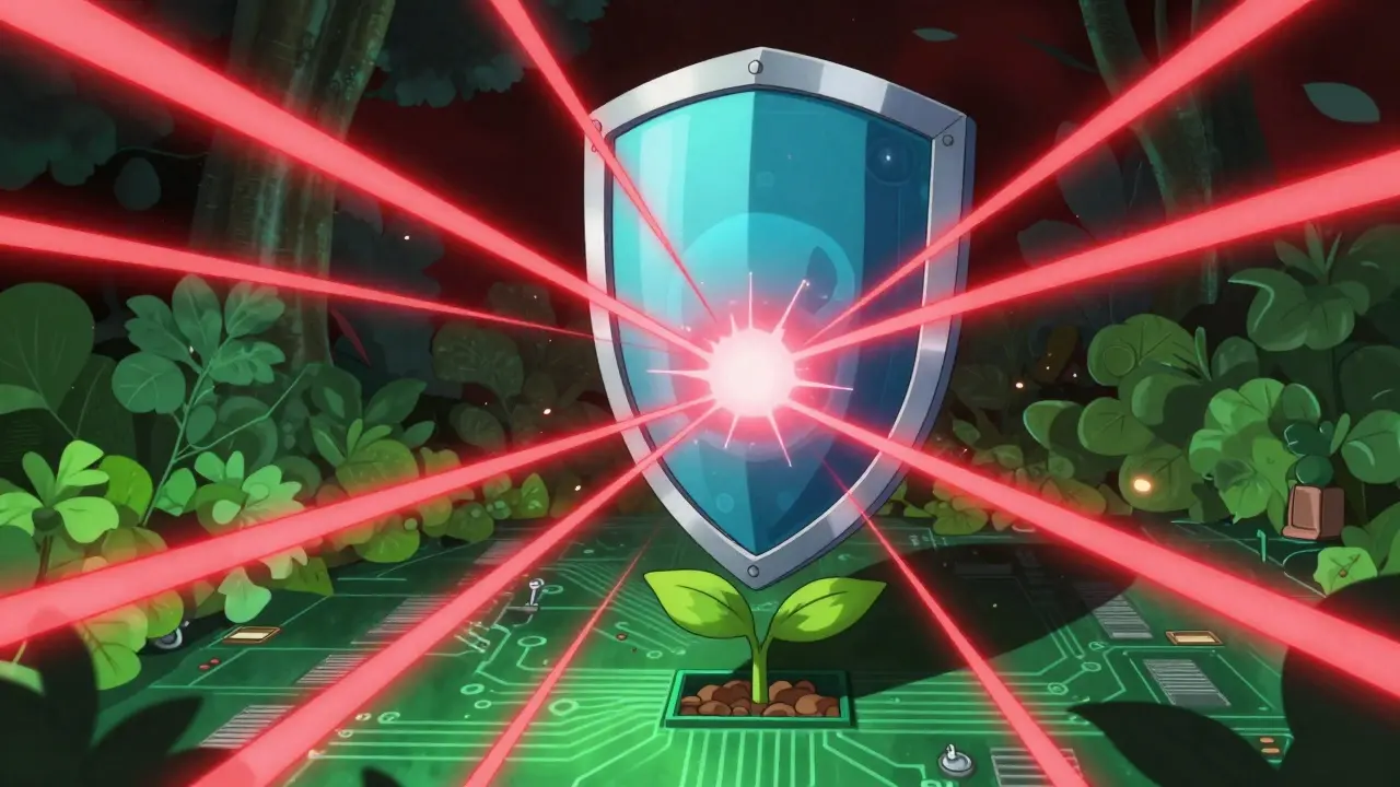 Digital spirit shields a sapling from red laser attacks.