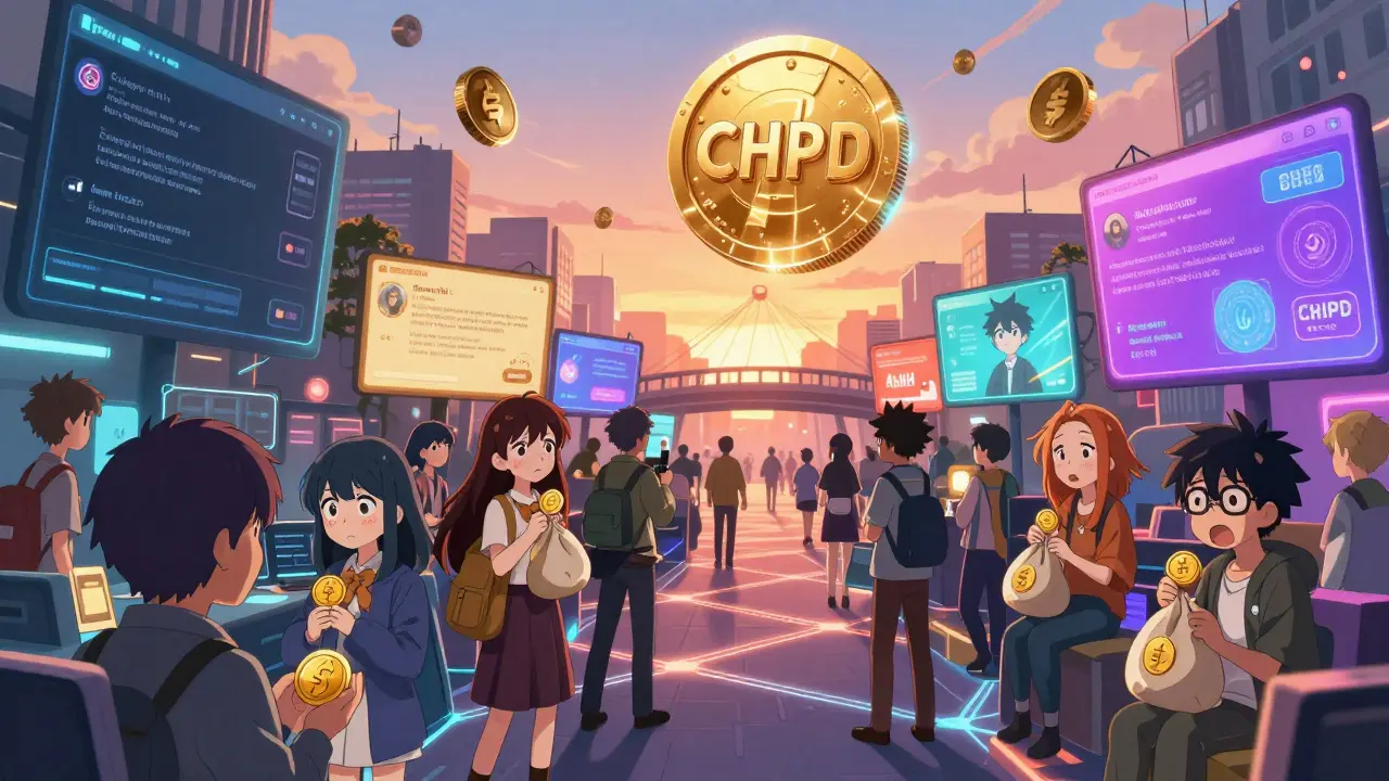 Diverse anime characters trade and post in a digital marketplace under a giant CHPD hologram, surrounded by BASE network chains.