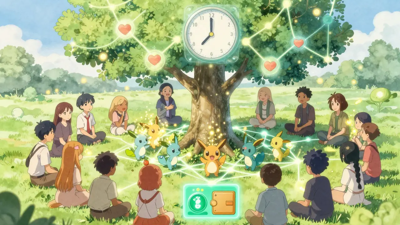 Diverse players gather around a glowing blockchain tree, feeding Starchi creatures with emotional energy.